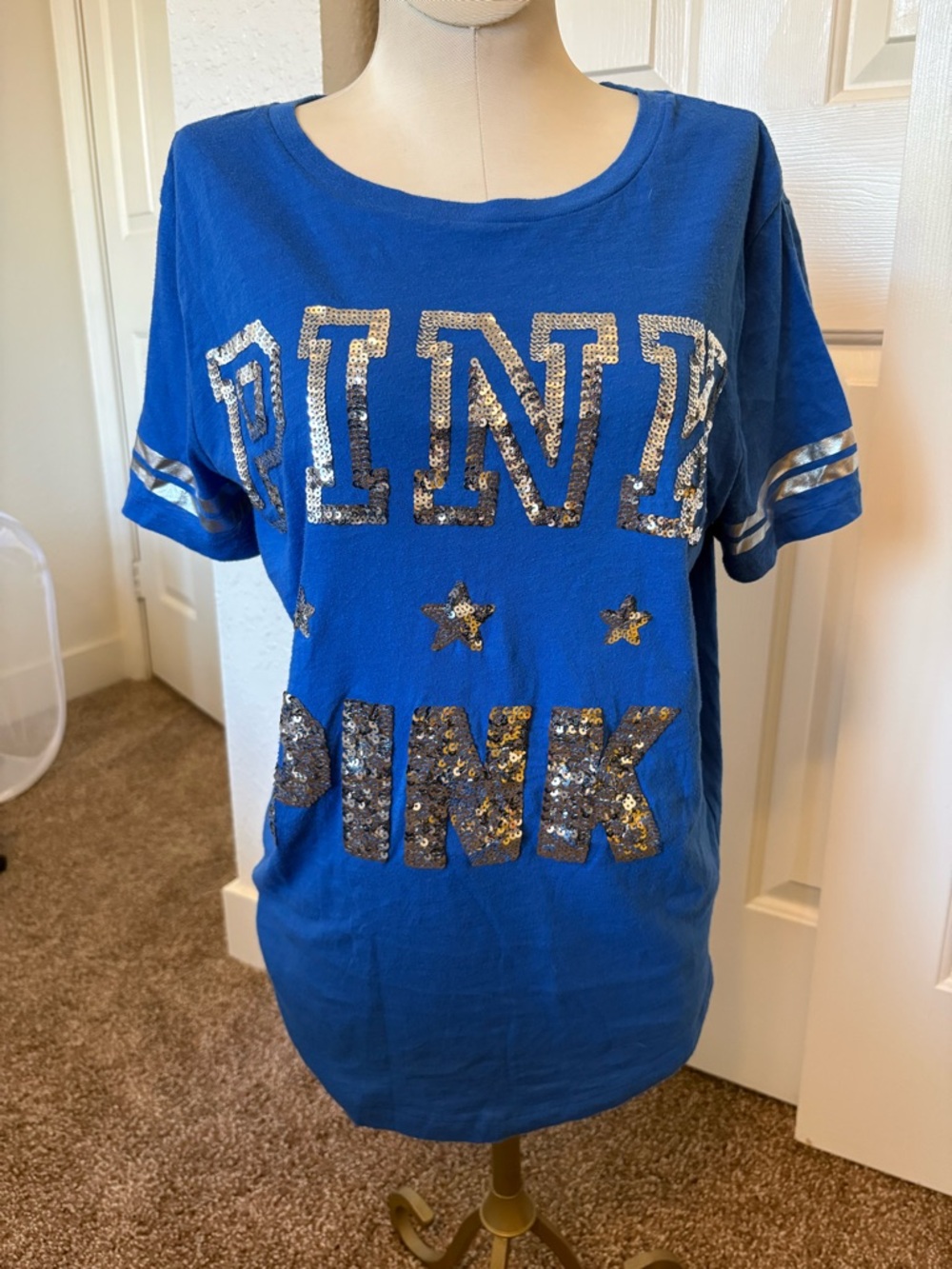 PINK Victoria's Secret Blue Sequin Logo Short Sleeve Tee